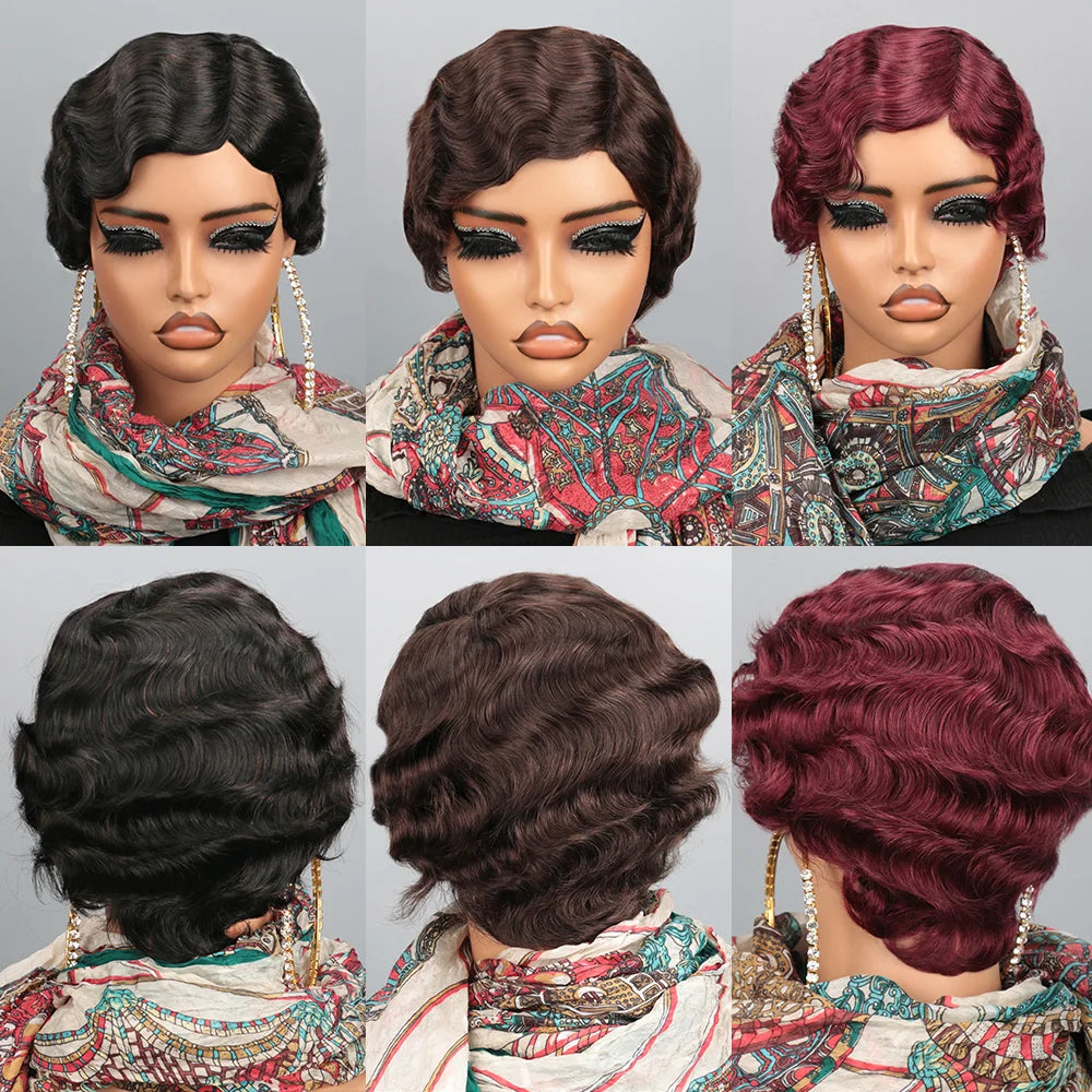 Short Finger Wave Human Hair Wig for Women – Brown Pixie Cut Ocean Wave Wig, Natural Color