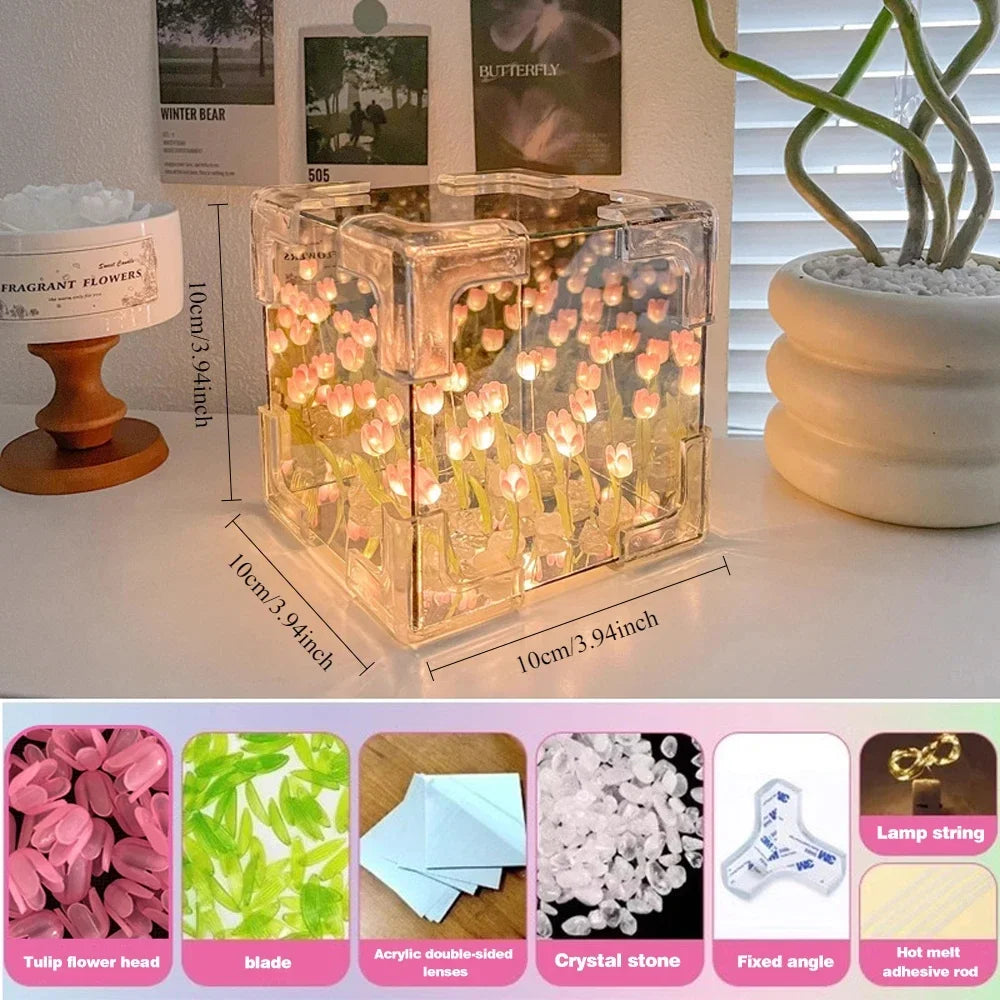 Handmade Artificial Tulip LED Night Light – DIY Transparent Cover Bedside Lamp | Home Decor & Ambient Lighting