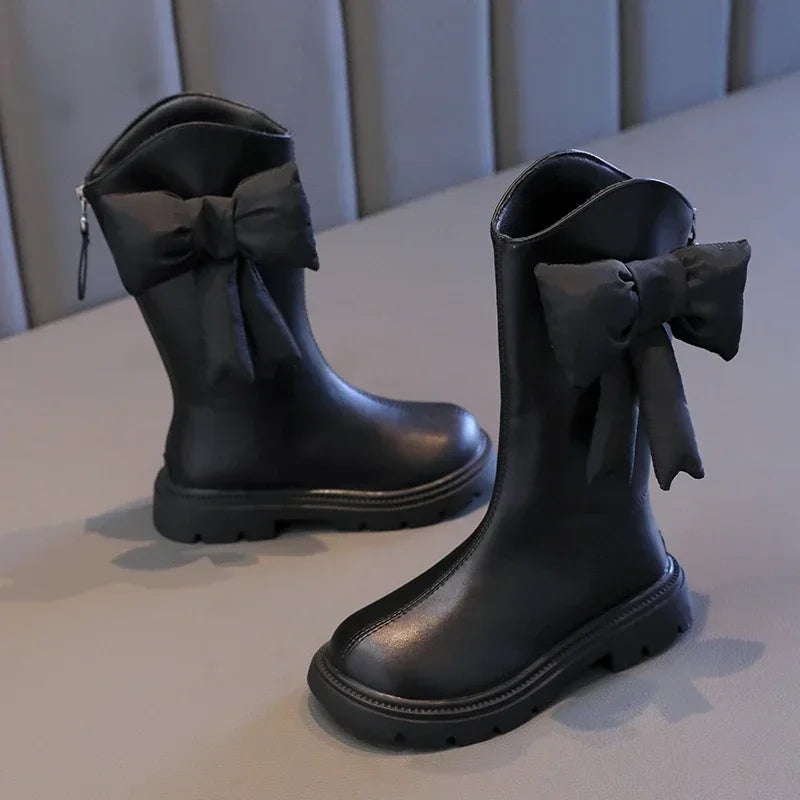 27-37 Girl's Long Boots Black Pu Leather Bowtie Chunky Fashion Children Winter Boot Warm Bowknot Round Toe Knee-high Kids Shoes