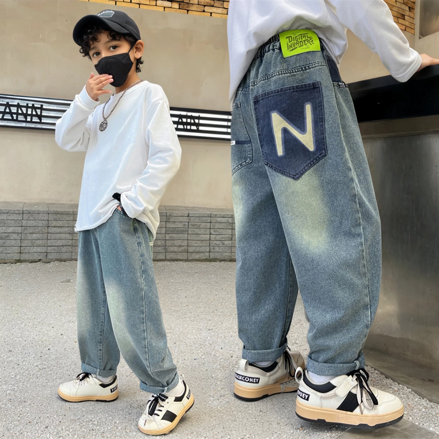 Boys' Straight-Leg Jeans –Street Style, Wide-Leg Fit with Back Pocket Letter Design, Sizes for Medium and Big Kids