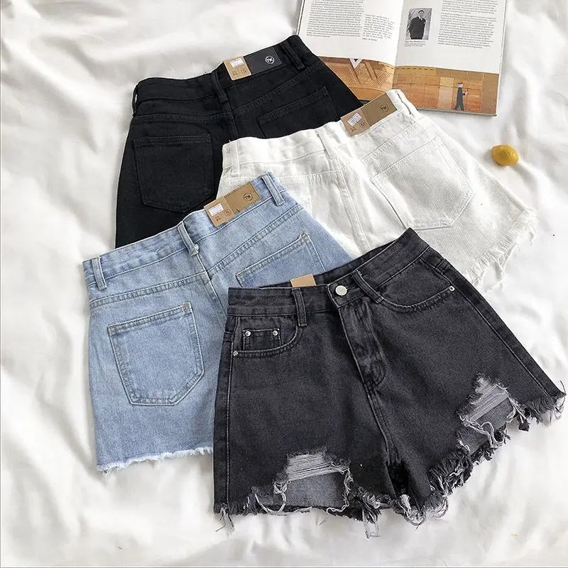 High Waist Denim Shorts Women Summer Pocket Tassel Hole Ripped jeans Short Female Pants