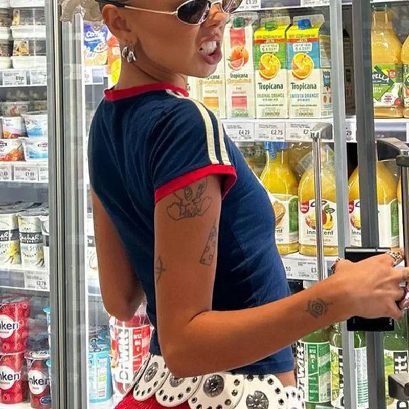 Y2K Aesthetic Summer Crop Top Streetwear Portugal Letter Print Women Short Sleeved Vintage T-shirts