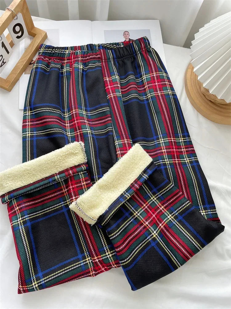 Fashion Warm Plush Pants Cashmere Thick Plaid Ladies Winter Casual Loose Wide-legged Pants Streetwear