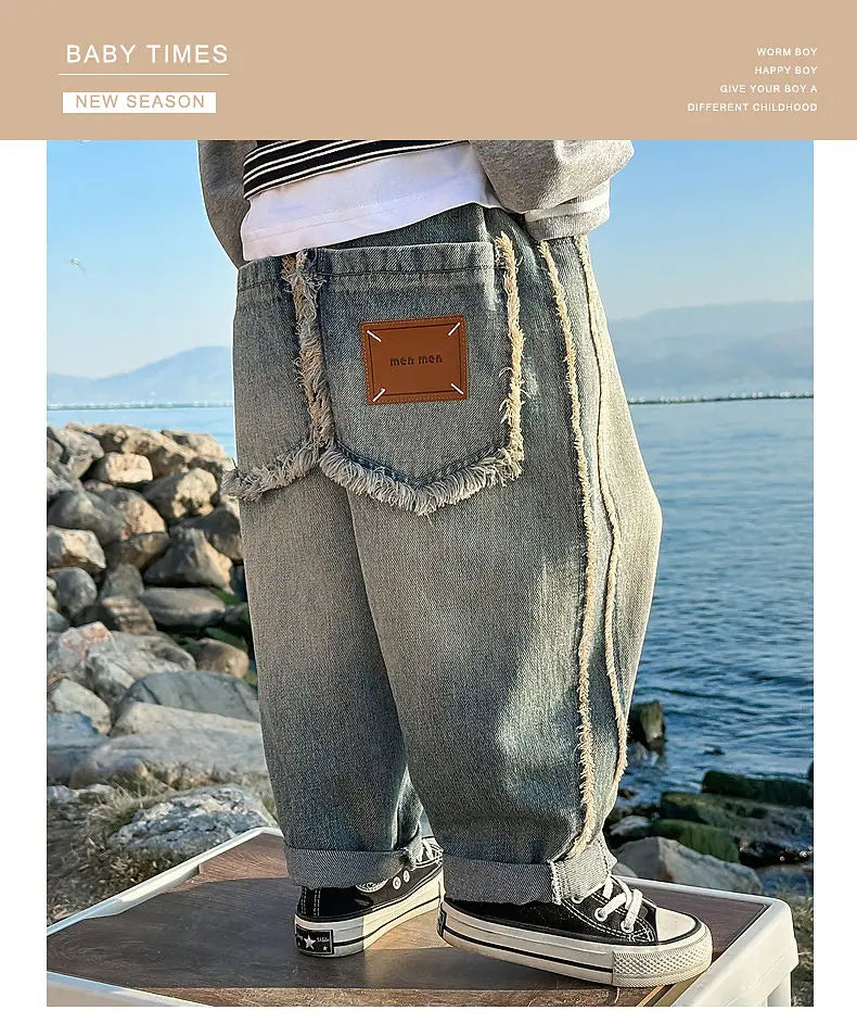 Spring Kids & Teens Streetwear Pants – Boys' Korean-Style Casual Straight-Leg Jeans with Elastic Waist