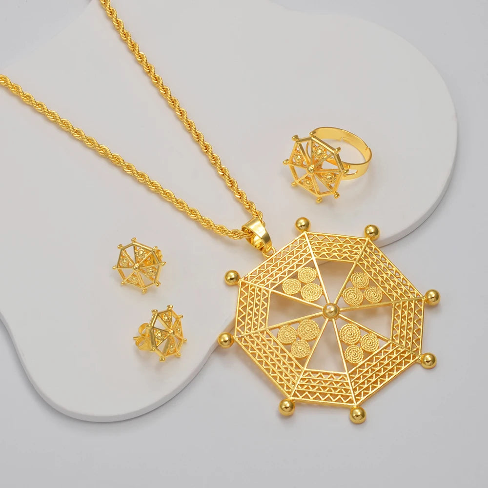 New Ethiopian & Eritrean Jewelry Set – African Ethnic Necklace, Earrings, and Ring for Women & Girls – Wedding or Party Gift