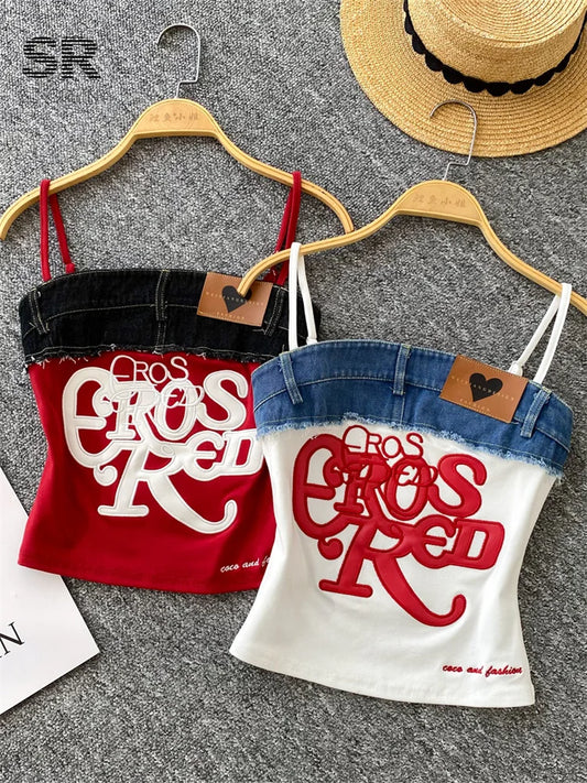 Vintage Vibes Y2K Denim Mix Letter-Embroidered Strap Crop Top for Women – Urban Chic Patchwork Slim Fit Street Style