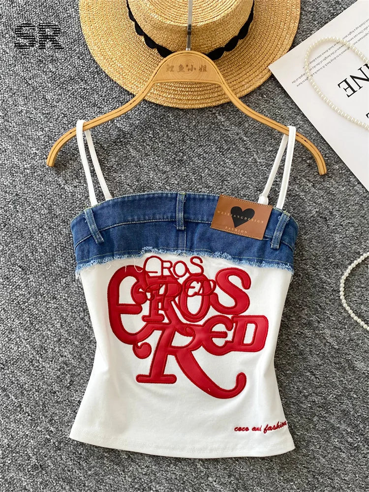 Vintage Vibes Y2K Denim Mix Letter-Embroidered Strap Crop Top for Women – Urban Chic Patchwork Slim Fit Street Style