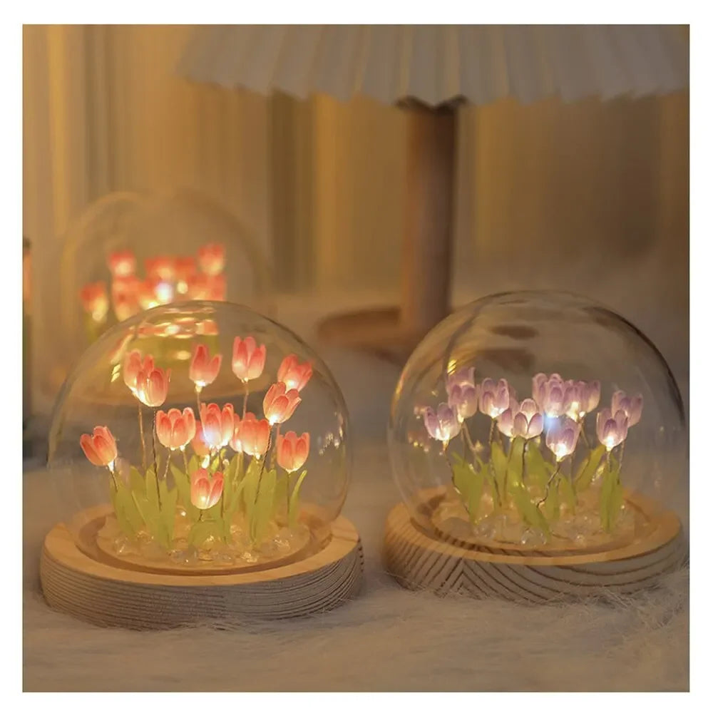 Handmade Artificial Tulip LED Night Light – DIY Transparent Cover Bedside Lamp | Home Decor & Ambient Lighting