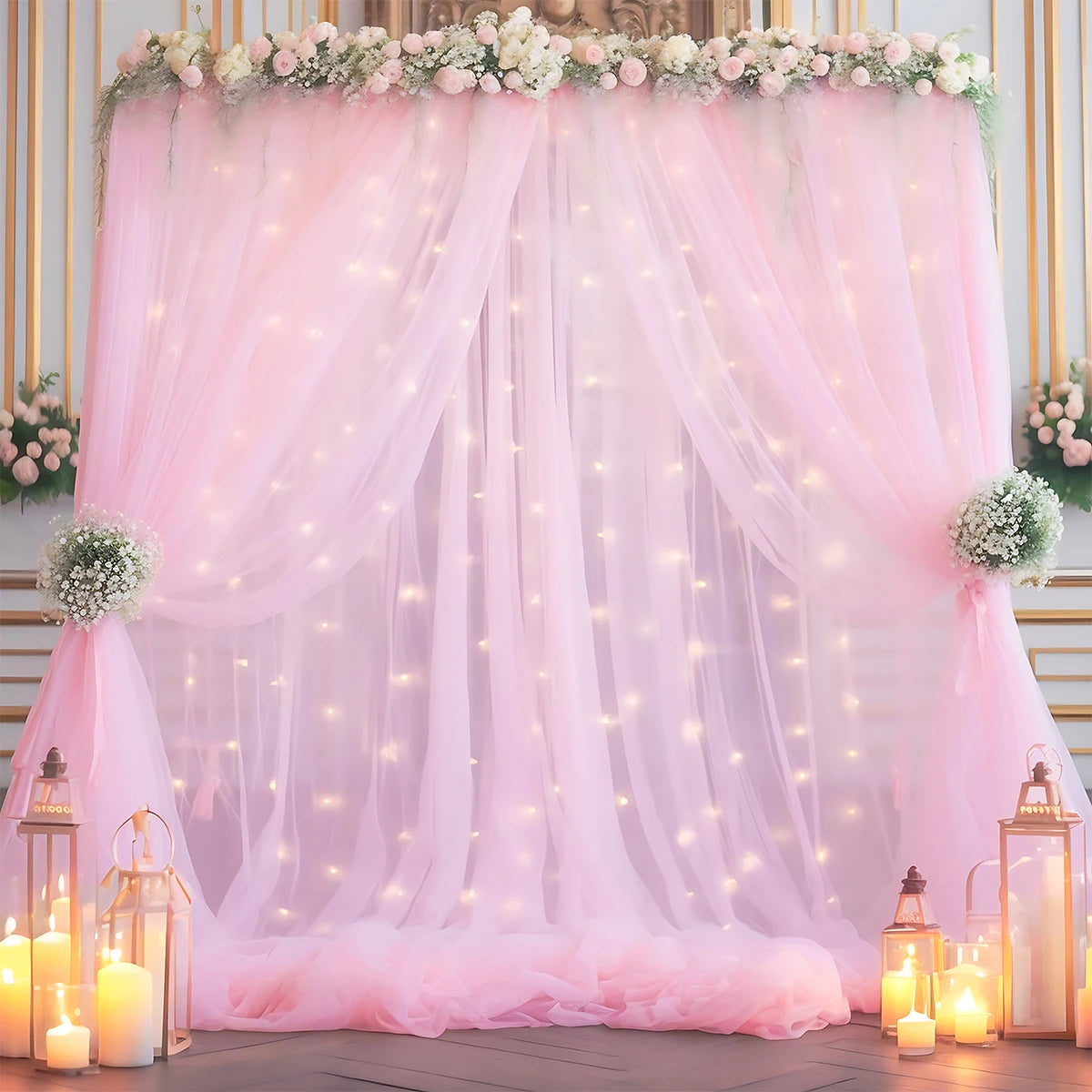 1 Set/2 Pieces Tulle Backdrop Curtains with Lights for Party Wedding Arch Baby Shower Birthday Party Photo Shoot Decorations