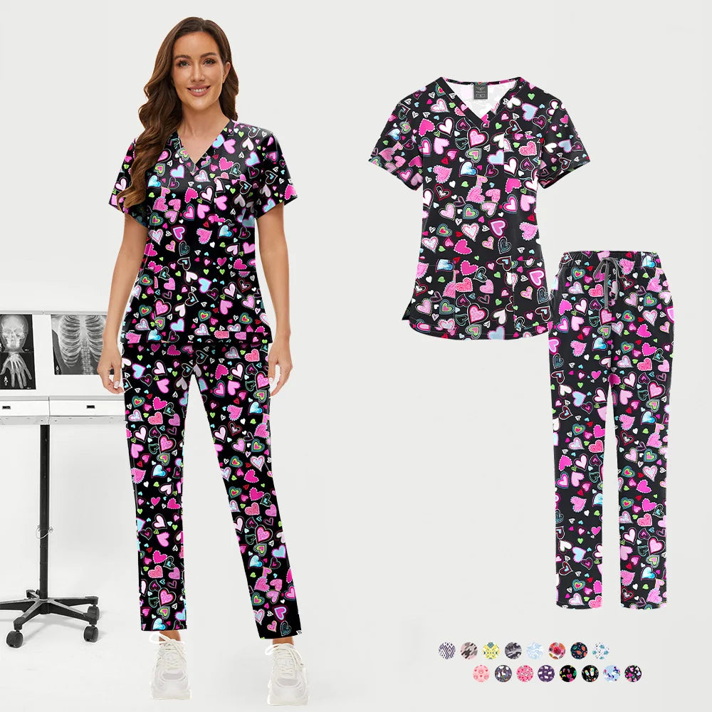 Women's Trendy Print Scrub Set – Stretchy, Soft Hospital Uniform with Top and Pants – Ideal for Nurses, Doctors, and Veterinary Clinics