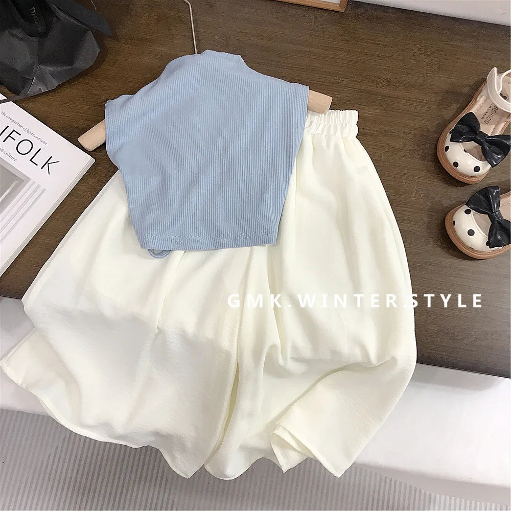 New Fashion Children Girls Two Pieces Set Backless T-Shirt Summer White Wide Leg Pants 2025 Solid Simple Blue Pleated