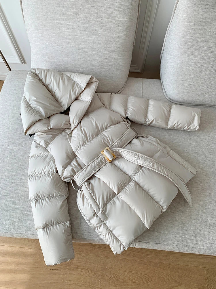 Women's Winter Jackets Ultra Light Warm Puffer Jacket With Belt Plus Size Hooded Female Jacket