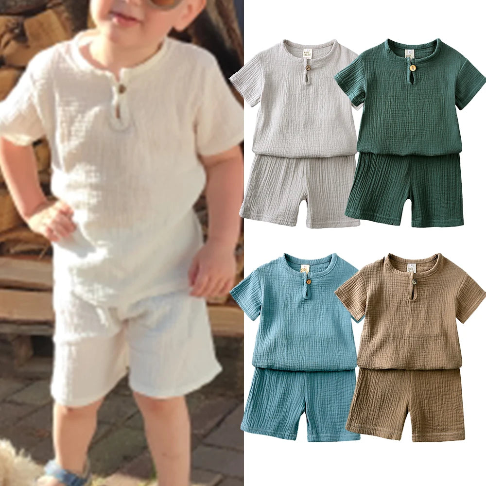2025 Toddler Summer Boy Girl Outfits Cotton Linen Solid T-shirt Shorts Clothes For Children Korean Casual Breathable Clothes Set