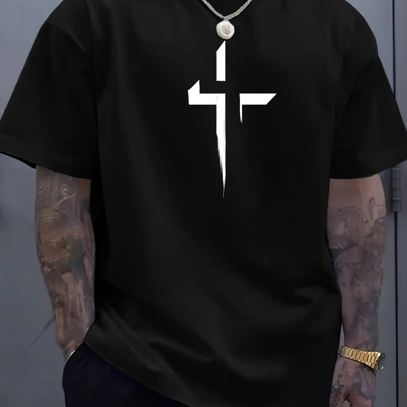 Men's Summer Casual Loose-Fit Plus Size T-Shirt – 100% Pure Cotton, Short Sleeve, Round Neck, with Creative Cross Print