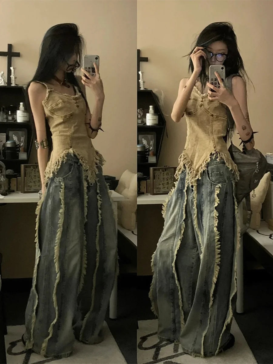 Vintage Denim Vest for Women – Y2K Streetwear Sleeveless Tunic with Tassels, Irregular Hem Casual Summer Tank Top