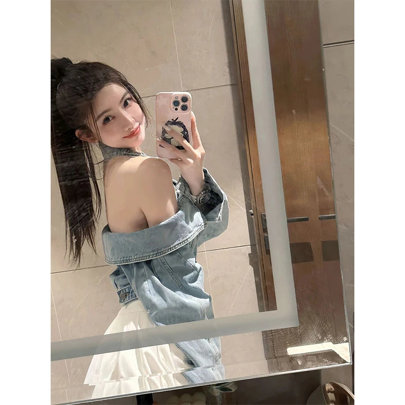 Y2K Cropped Denim Jacket for Women – Vintage Slash Neck Halter Jean Coat with Long Sleeves, Casual Streetwear Outerwear