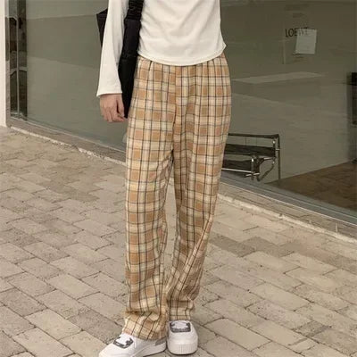 Fashion Warm Plush Pants Cashmere Thick Plaid Ladies Winter Casual Loose Wide-legged Pants Streetwear