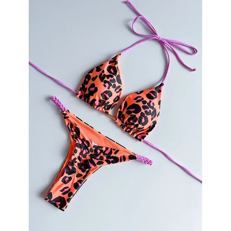Women's Leopard Print Bikini Set – Two-Piece Swimsuit with Striped Thong Bottom – Summer Beachwear