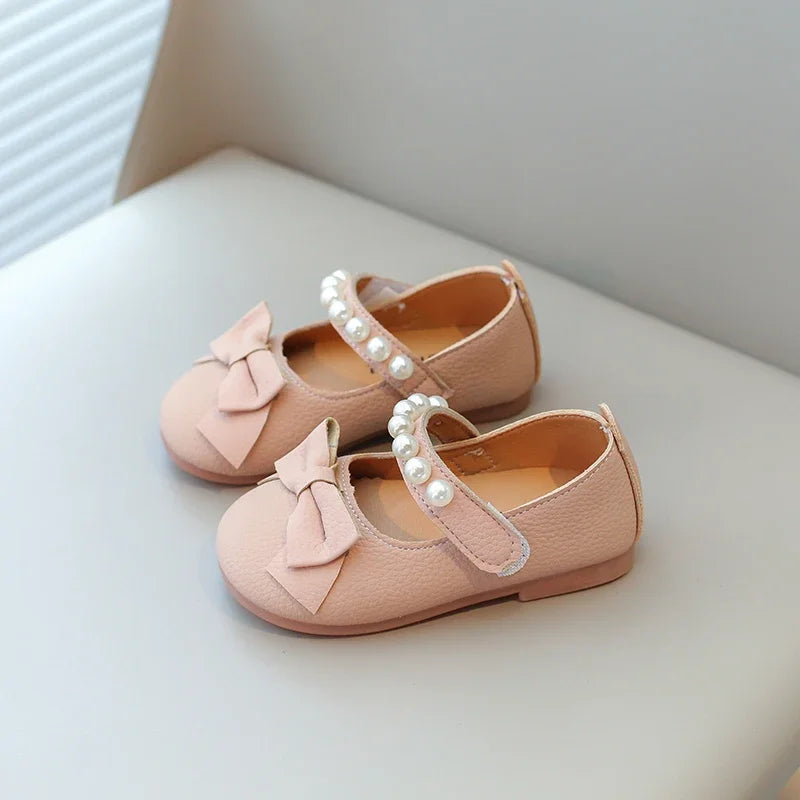 Baby Toddler Girls Party Shoes Leather Pearls Beaded with Butterfly-knot Kids Mary Janes PU Leather Soft Cute Flats