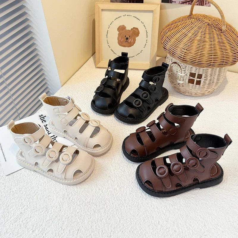 Kids High-Top Beach Shoes – Hollowed-Out Princess Sandals with Hook & Loop Strap | Trendy Summer Solid Color Children’s Sandals