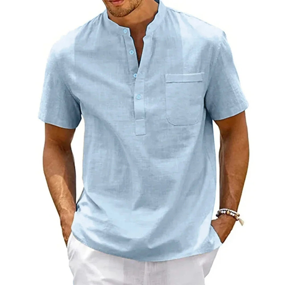 Men’s Cotton Linen Henley Shirt – Casual Short Sleeve Solid Color Beach Top with Pocket, Vintage Streetwear