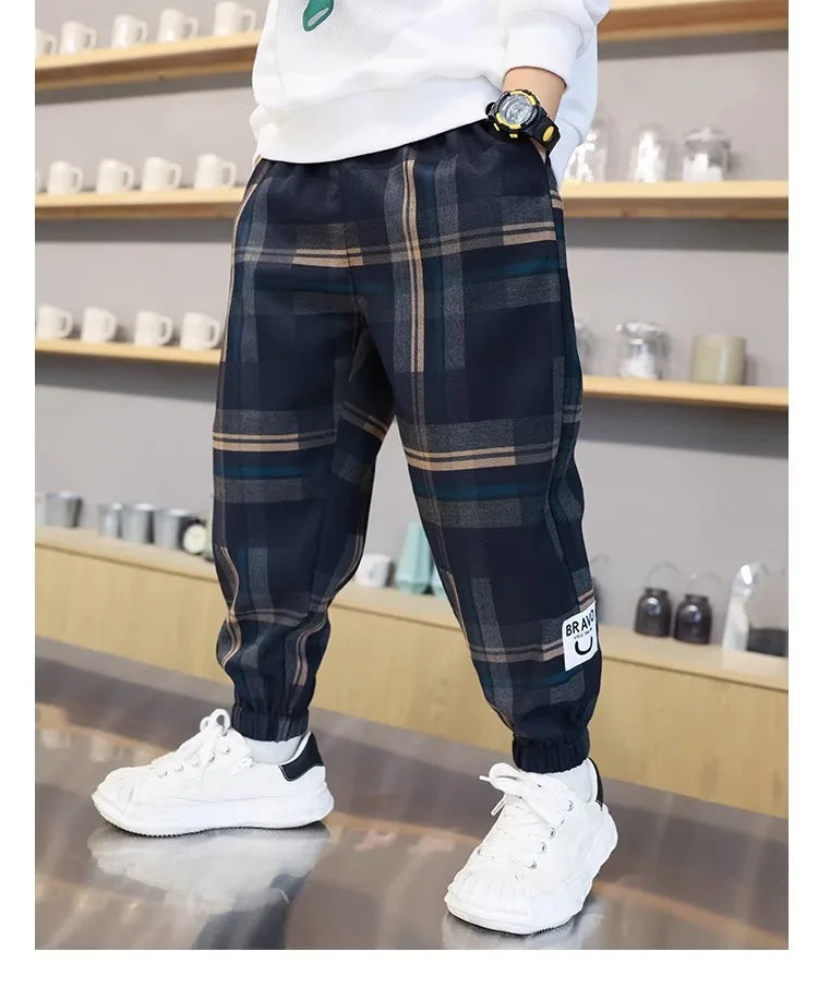 Boys' Cotton Plaid Pants – Casual Loose Fit Trousers for Kids & Teens (Spring/Autumn)