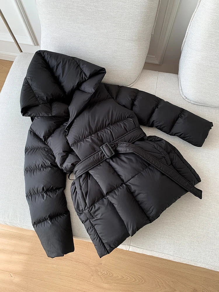 Women's Winter Jackets Ultra Light Warm Puffer Jacket With Belt Plus Size Hooded Female Jacket