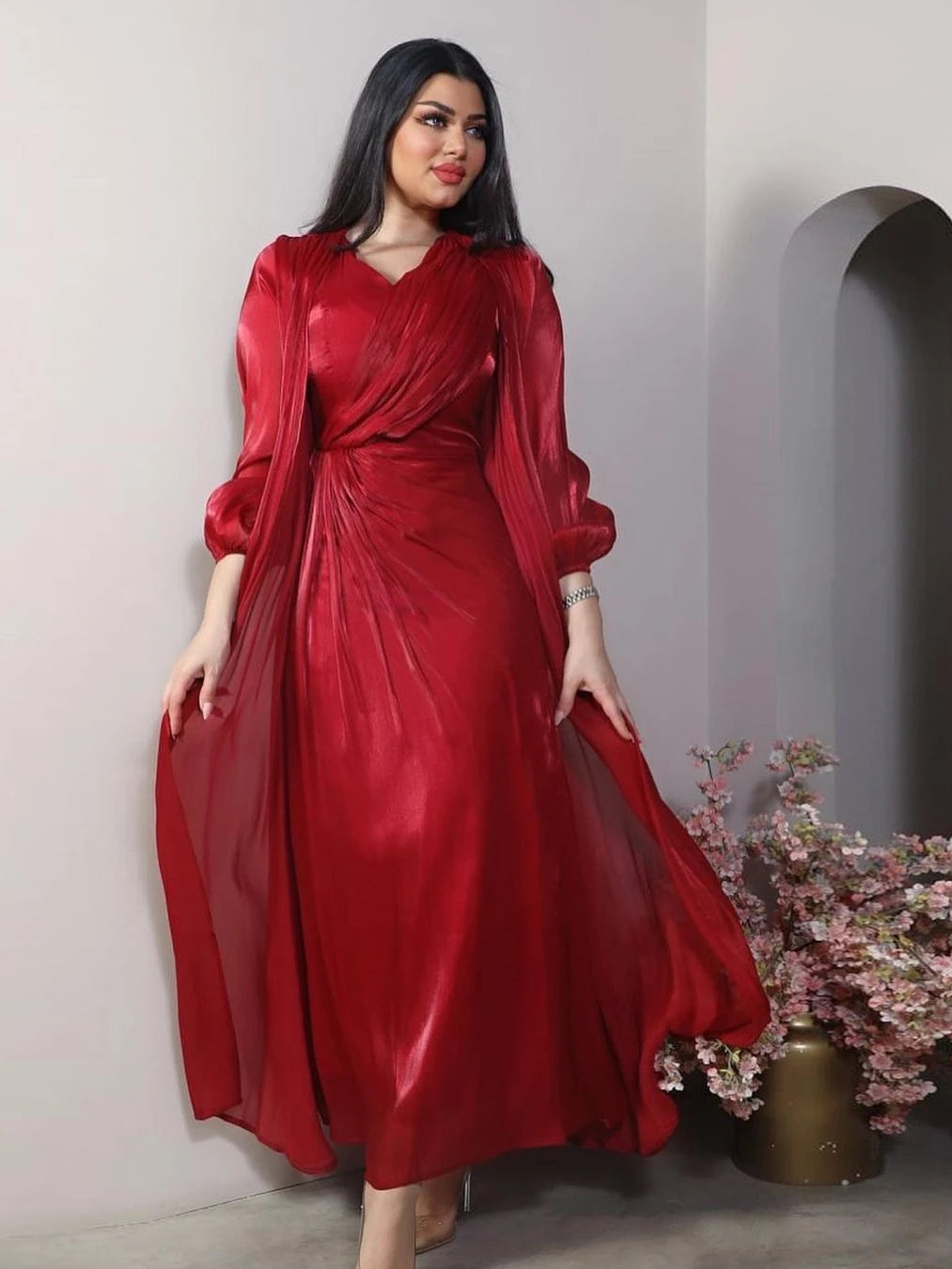 Moroccan women Party Dress Abaya 2 Piece Set Silky Satin Dubai Dresses Caftan Evening Long Robe Vestidos