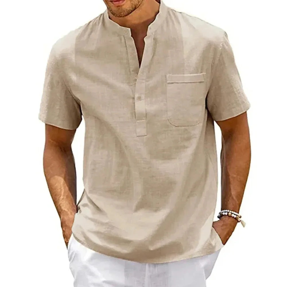 Men’s Cotton Linen Henley Shirt – Casual Short Sleeve Solid Color Beach Top with Pocket, Vintage Streetwear