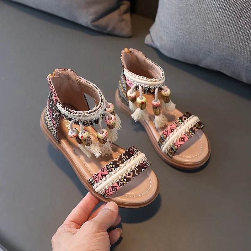 Girls Gladiator Sandals Princess Sweet Kids Beach Shoes Kids Summer Retro Ethnic Traditional Sandals with Tassels Soft Back Zip