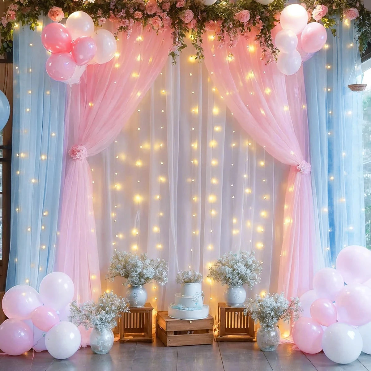 1 Set/2 Pieces Tulle Backdrop Curtains with Lights for Party Wedding Arch Baby Shower Birthday Party Photo Shoot Decorations