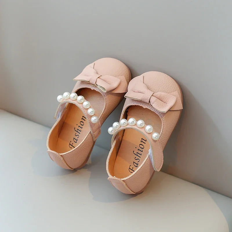 Baby Toddler Girls Party Shoes Leather Pearls Beaded with Butterfly-knot Kids Mary Janes PU Leather Soft Cute Flats