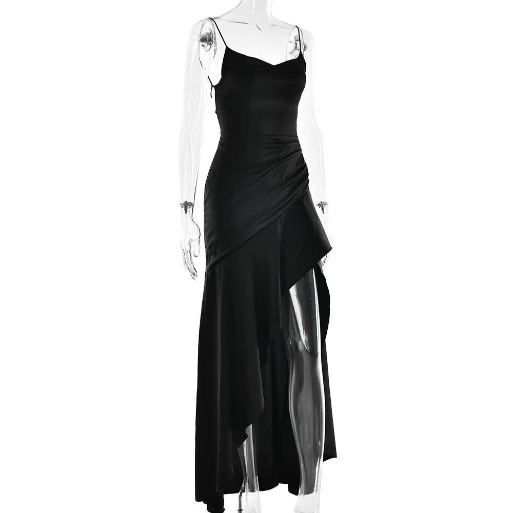 Elegant Spaghetti Strap Satin Split Maxi Dress for Women – Sexy Backless Bodycon Party & Evening Dress, Perfect for Summer Holidays & Beachwear