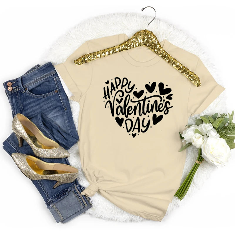 Happy Valentine's Day Crew Neck Short Sleeve T-shirt Women Heart Love Design Fashion Casual Tops Valentines Day Gifts T-shirts