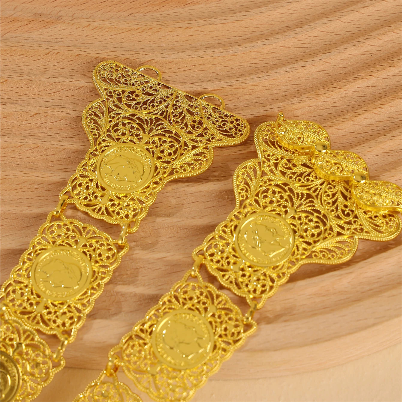 Algerian Coin Hollow out With Gold-Plated Metal Handmade Finely Carved Napoleonic Arabian Bridal Waist Chain Jewelry Belt
