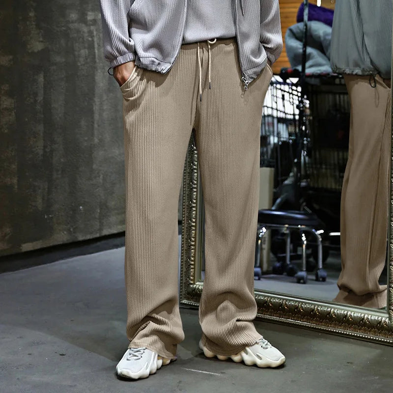 Men's Casual High-Waist Wide-Leg Pants – Loose Fit, Striped, Straight-Leg, Spring & Autumn Style