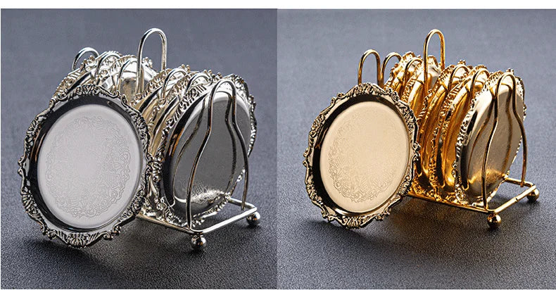 Vintage Golden Cocktail Coaster Metal Exquisite Cake Tray Set Silver Plated Mat Placemat Snack  Dishes Rack Set