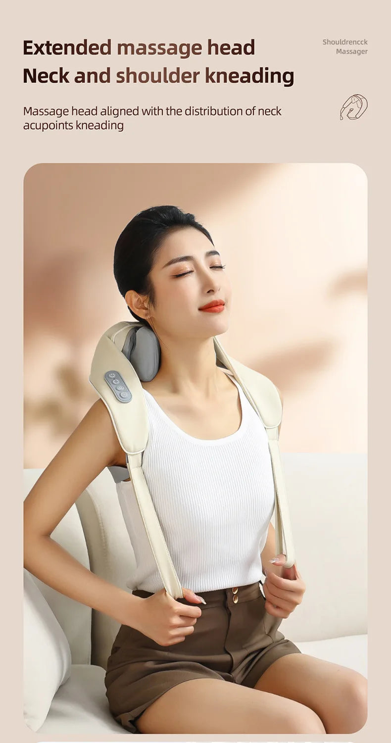 20W Wireless Neck & Shoulder Massager – Beige Kneading Massage Shawl for Back, Cervical & Trapezius