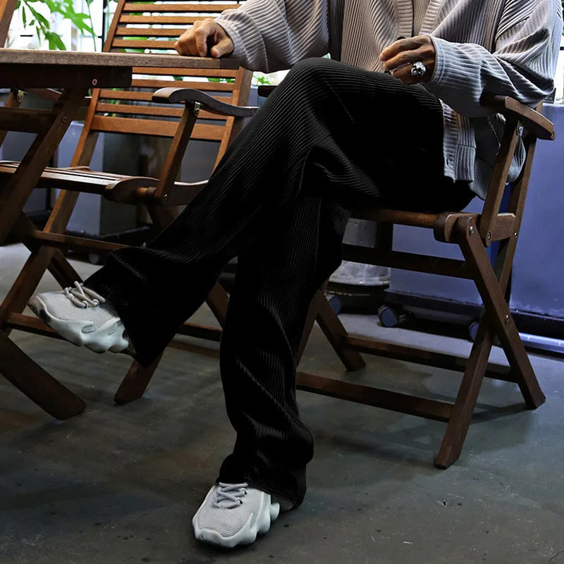 Men's Casual High-Waist Wide-Leg Pants – Loose Fit, Striped, Straight-Leg, Spring & Autumn Style