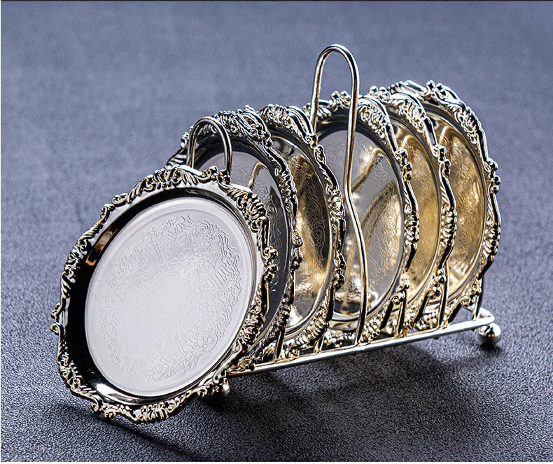Vintage Golden Cocktail Coaster Metal Exquisite Cake Tray Set Silver Plated Mat Placemat Snack  Dishes Rack Set