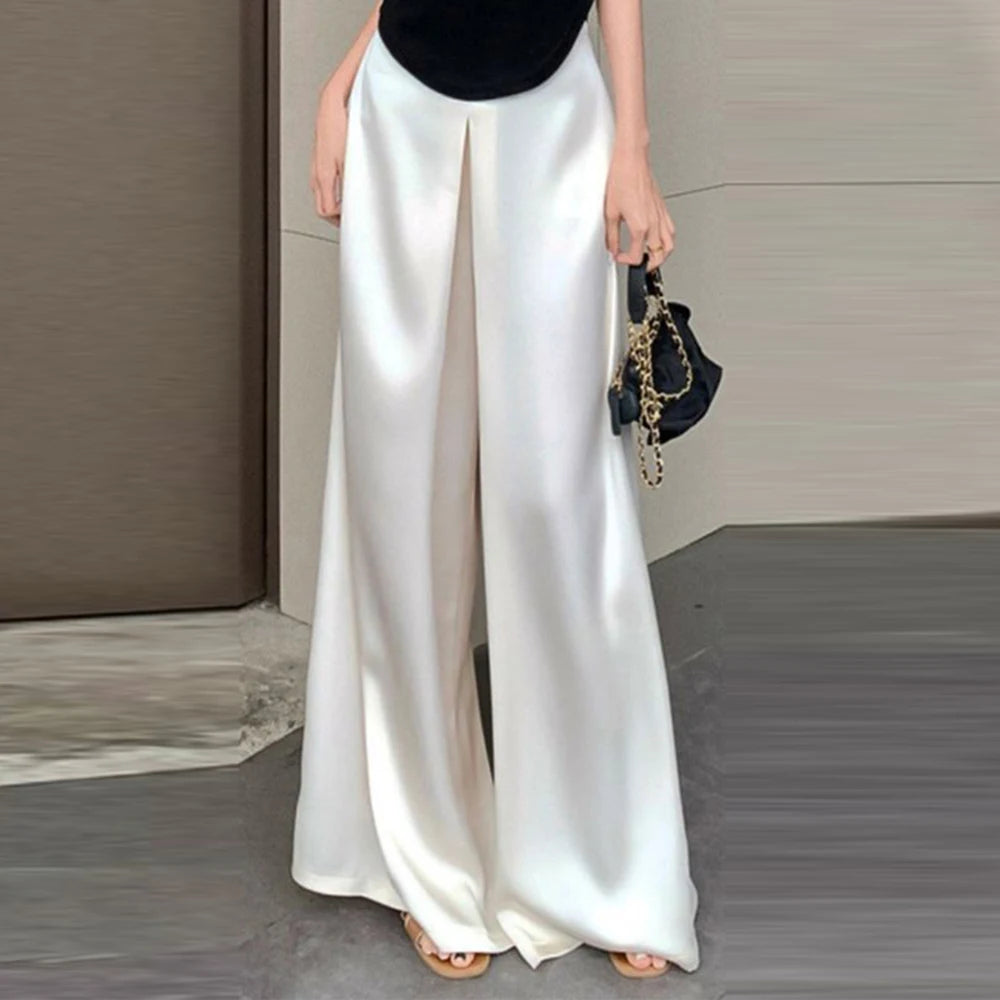 Women's High-Waisted White Satin Wide-Leg Pants – Elegant Floor-Length Spring/Summer Trousers