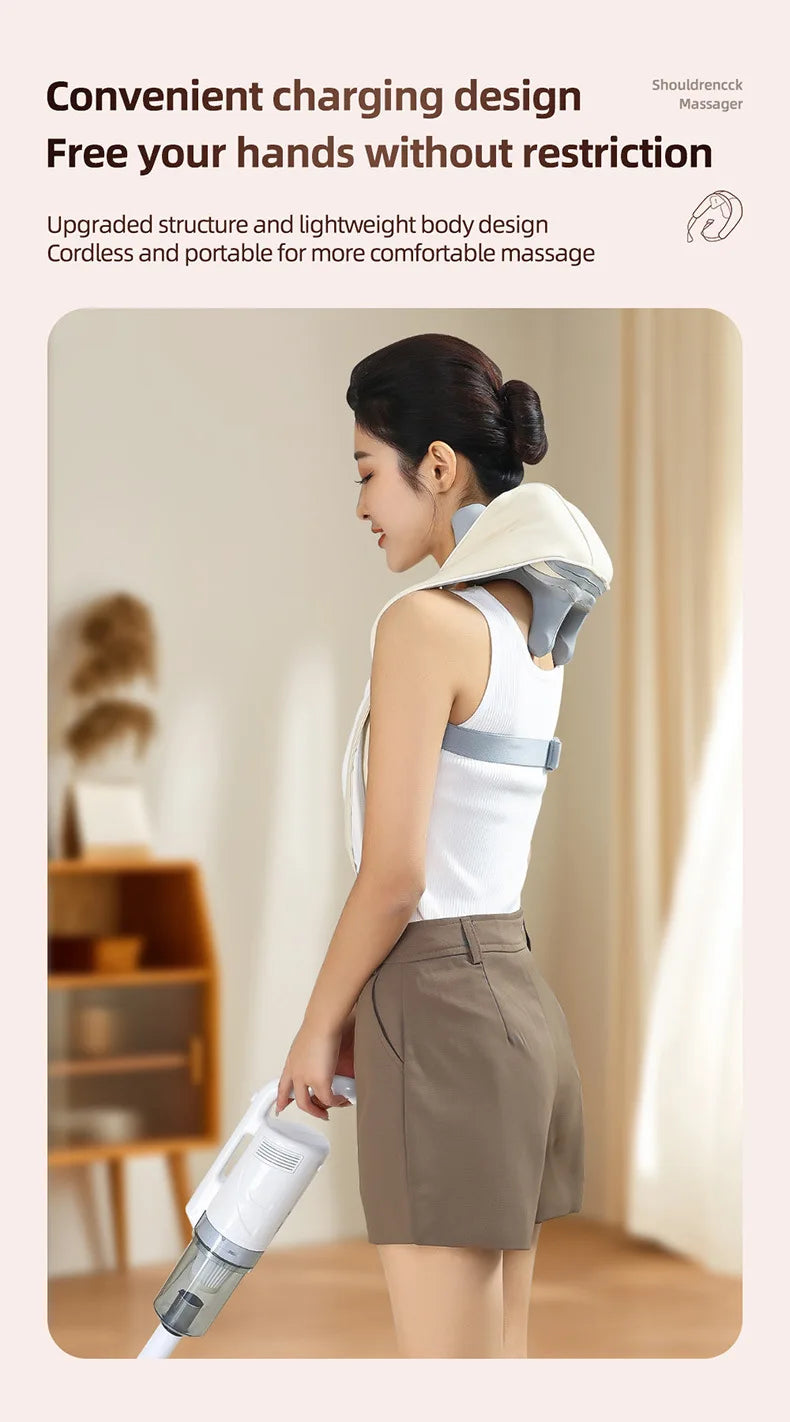 20W Wireless Neck & Shoulder Massager – Beige Kneading Massage Shawl for Back, Cervical & Trapezius
