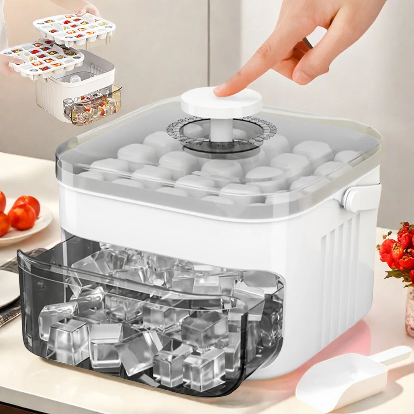 Premium Compact Double-Layer Ice Cube Tray with Lid & Storage Bin – Pull-Out Ice Drawer with Carry Handle | Space-Saving Kitchen Essential