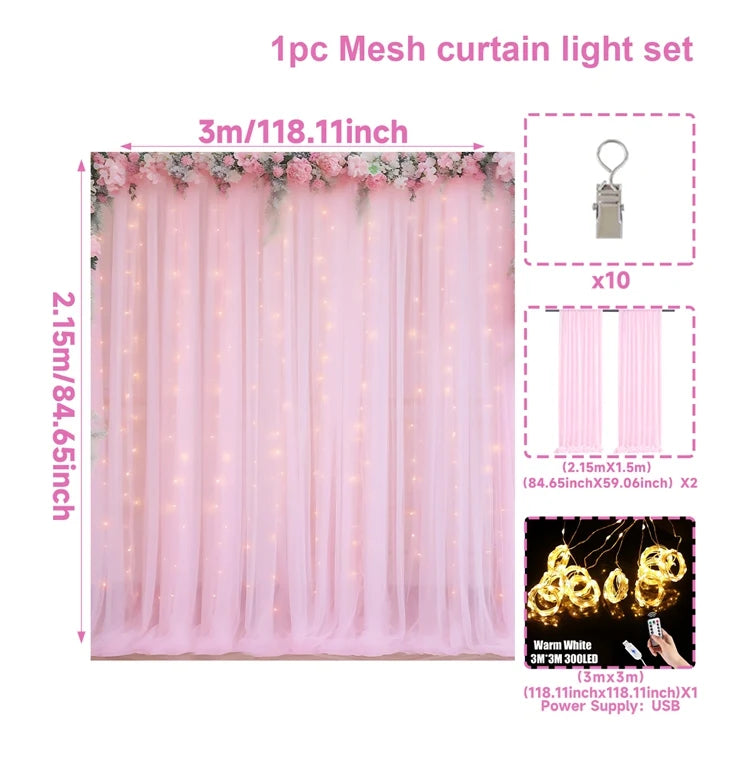 1 Set/2 Pieces Tulle Backdrop Curtains with Lights for Party Wedding Arch Baby Shower Birthday Party Photo Shoot Decorations