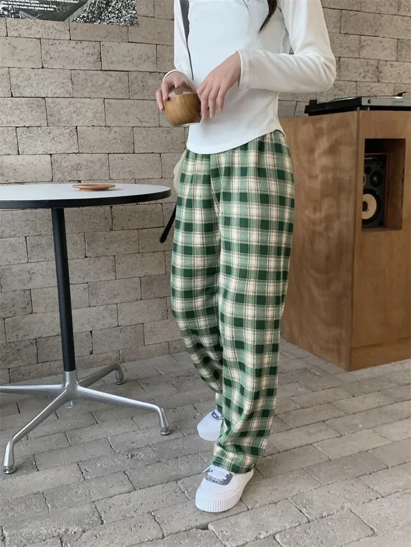 Fashion Warm Plush Pants Cashmere Thick Plaid Ladies Winter Casual Loose Wide-legged Pants Streetwear