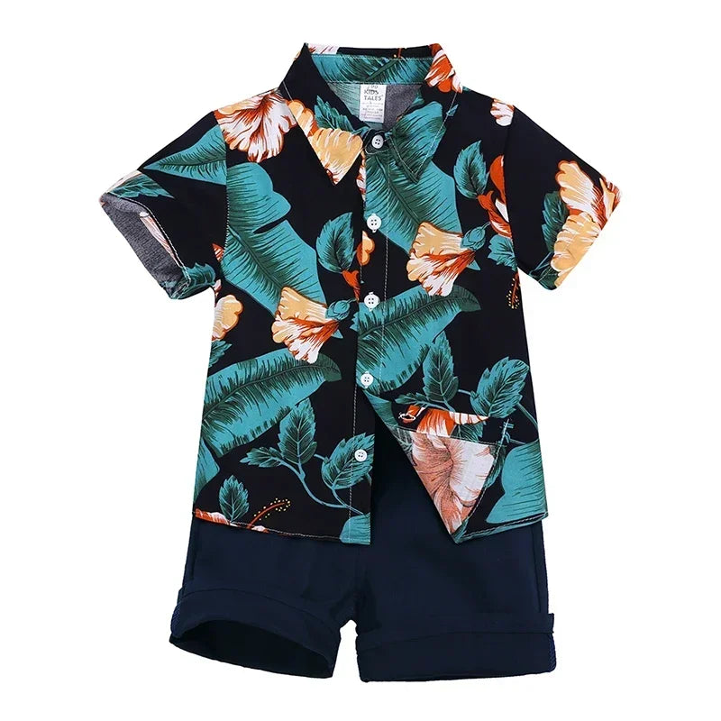 Baby Boys Summer Hawaiian Outfit – Infant & Toddler Gentleman Set with Floral Shirt, Bowtie & Shorts