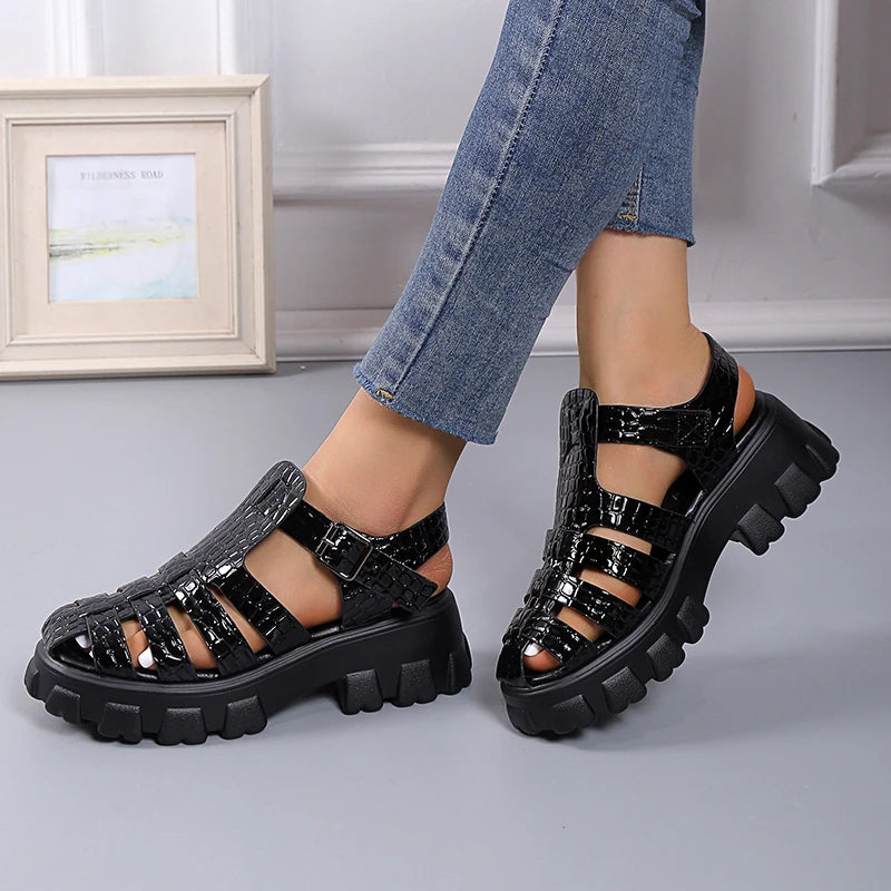 35-43 Fashion Summer Gladiator Women Narrow Band Cross-tied Platform Square Heel Peep Toe Rome Design Mature Shoes Sandals
