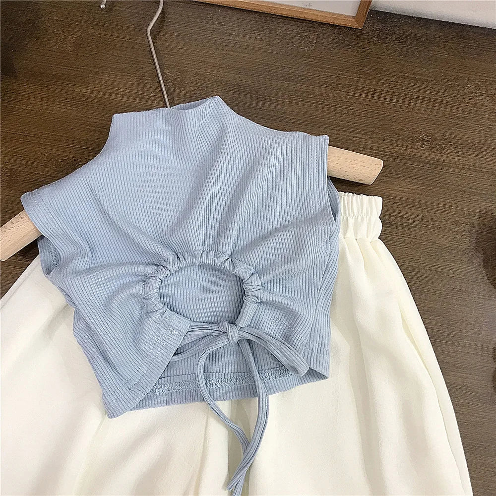 New Fashion Children Girls Two Pieces Set Backless T-Shirt Summer White Wide Leg Pants 2025 Solid Simple Blue Pleated