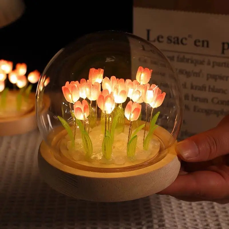 Handmade Artificial Tulip LED Night Light – DIY Transparent Cover Bedside Lamp | Home Decor & Ambient Lighting