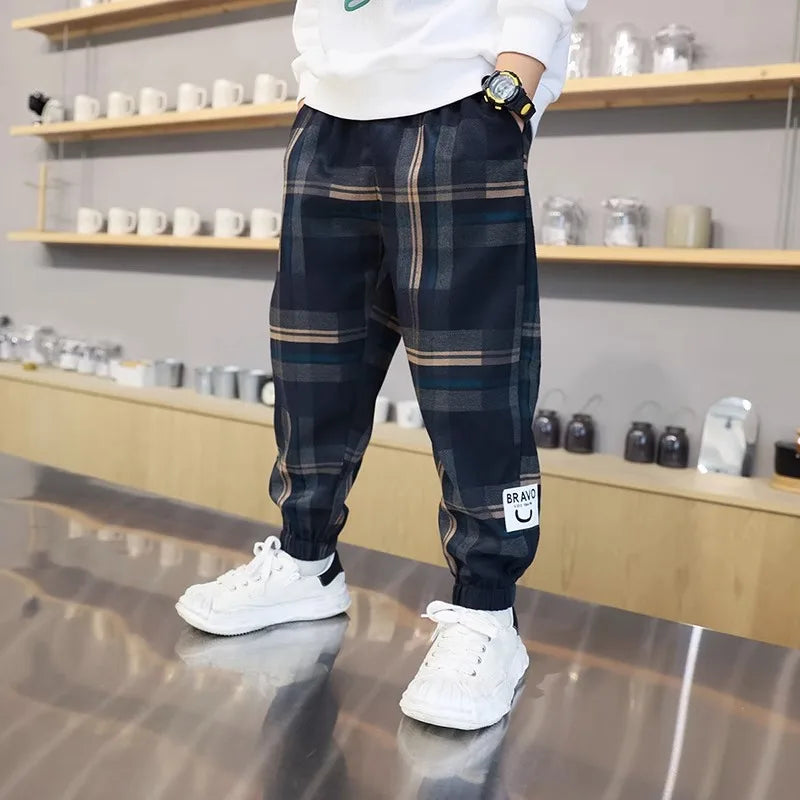 Boys' Cotton Plaid Pants – Casual Loose Fit Trousers for Kids & Teens (Spring/Autumn)